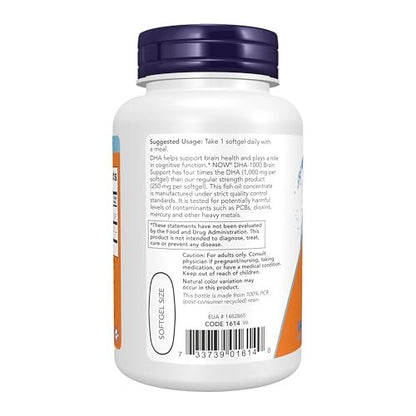 NOW Foods Supplements, DHA 1,000 Brain Support, Extra Strength, 1,000 mg DHA, 90 Softgels