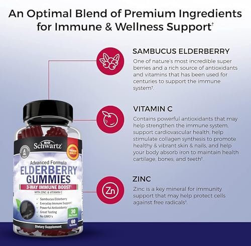 BioSchwartz Elderberry Gummies with Zinc and Vitamin C - Natural Immune Support for Adults & Kids - Black Sambucus Elderberries - Third-Party Tested, Non-GMO, Vegan Multimineral Supplement, 60 Count - görsel 6