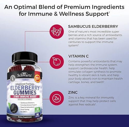 BioSchwartz Elderberry Gummies with Zinc and Vitamin C - Natural Immune Support for Adults & Kids - Black Sambucus Elderberries - Third-Party Tested, Non-GMO, Vegan Multimineral Supplement, 60 Count