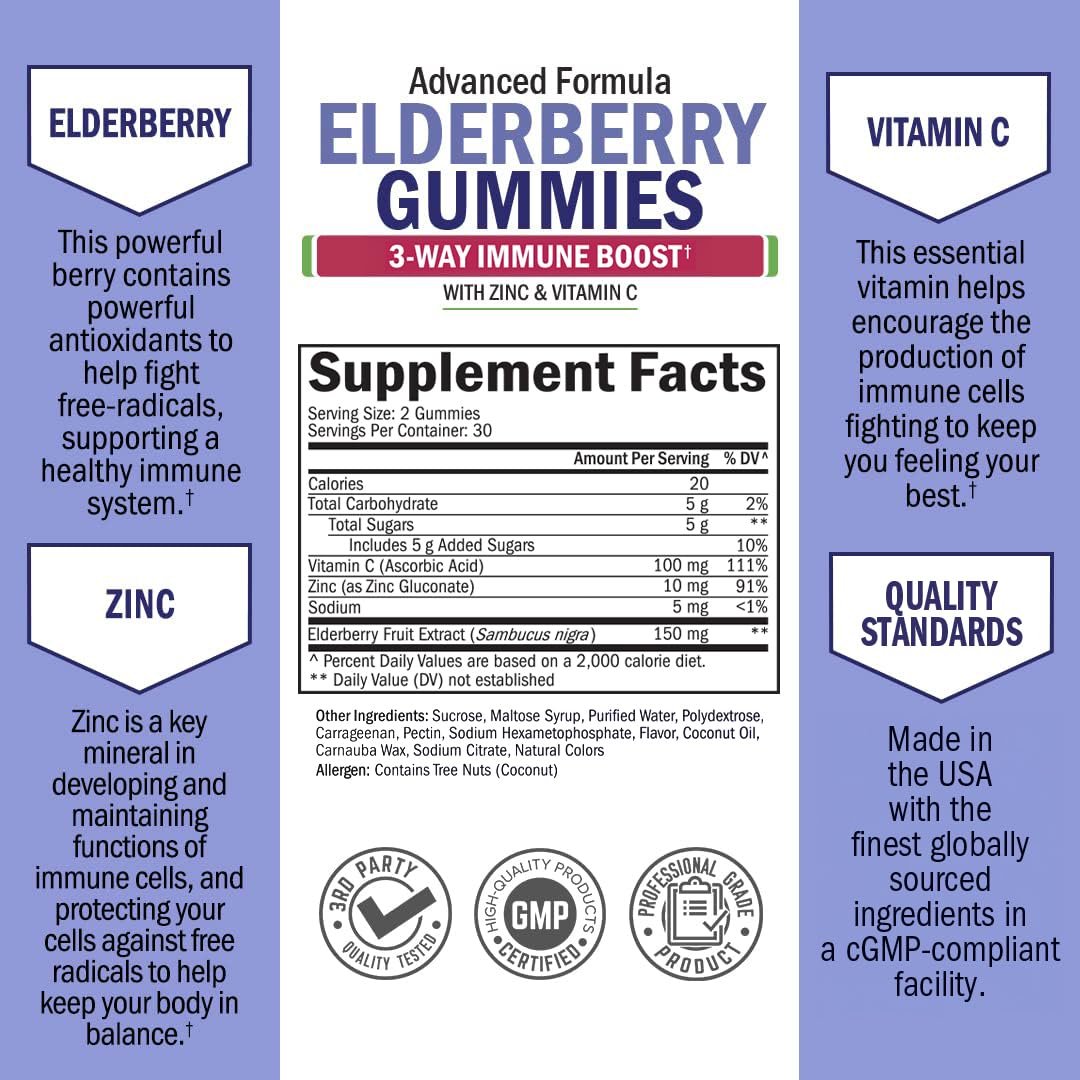BioSchwartz Elderberry Gummies with Zinc and Vitamin C - Natural Immune Support for Adults & Kids - Black Sambucus Elderberries - Third-Party Tested, Non-GMO, Vegan Multimineral Supplement, 60 Count - görsel 9