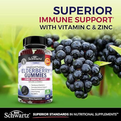 BioSchwartz Elderberry Gummies with Zinc and Vitamin C - Natural Immune Support for Adults & Kids - Black Sambucus Elderberries - Third-Party Tested, Non-GMO, Vegan Multimineral Supplement, 60 Count