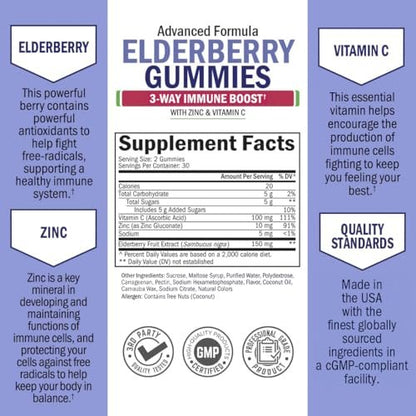BioSchwartz Elderberry Gummies with Zinc and Vitamin C - Natural Immune Support for Adults & Kids - Black Sambucus Elderberries - Third-Party Tested, Non-GMO, Vegan Multimineral Supplement, 60 Count
