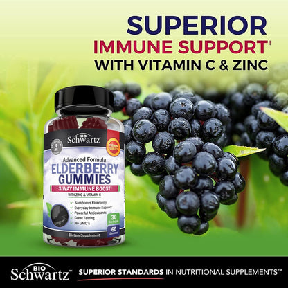 BioSchwartz Elderberry Gummies with Zinc and Vitamin C - Natural Immune Support for Adults & Kids - Black Sambucus Elderberries - Third-Party Tested, Non-GMO, Vegan Multimineral Supplement, 60 Count