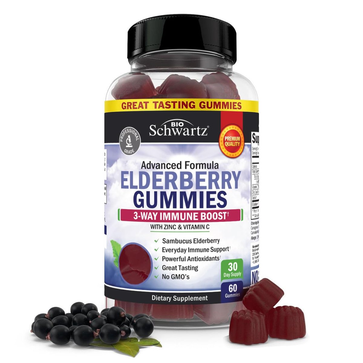 BioSchwartz Elderberry Gummies with Zinc and Vitamin C - Natural Immune Support for Adults & Kids - Black Sambucus Elderberries - Third-Party Tested, Non-GMO, Vegan Multimineral Supplement, 60 Count - görsel 1