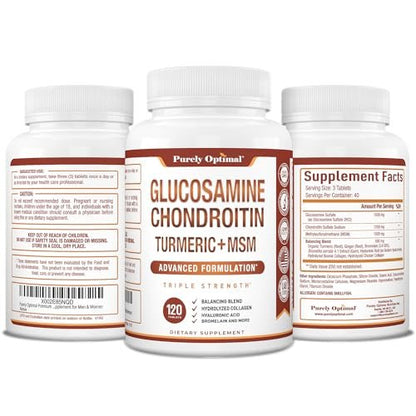 Purely Optimal Glucosamine Chondroitin MSM Supplement w/Turmeric & Boswellia - Glucosamine Sulfate Joint Supplement for Men & Women - 120 Tablets
