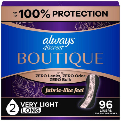 Always Discreet Boutique Incontinence Panty Liners for Bladder Leaks, Size 2, Very Light Absorbency, Long Length, 96 Count (3 Packs of 32)
