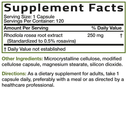 Bronson Rhodiola Rosea Vegetarian Capsules - Adaptogenic Herb - Brain, Stress & Mood Support - Non-GMO, 120 Count