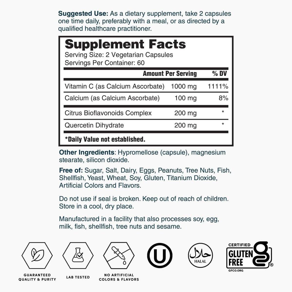 Nature’s Lab Gold Super Vitamin C 1000mg – Immune System Support – Contains Bioflavonoids Complex & Quercetin – Non-Acidic, Non-GMO, Gluten Free, Vegan – 120 Capsules (2 Month Supply) - görsel 6