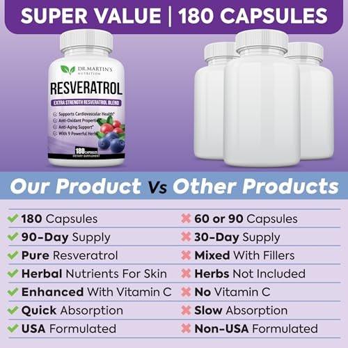 Extra Strength Resveratrol 1568mg - 180 Capsules - 3 Months Supply | Antioxidant Supplement | Natural Trans-Resveratrol Pills | for Anti-Aging, Heart Health, Immune System & Brain Function - görsel 8