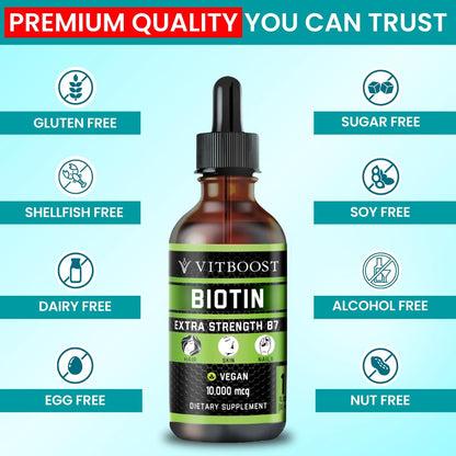 Vitboost Liquid Biotin Drops 10,000mcg with Organic Berry Flavor - Extra Strength Vegan Formula for Men and Women - Biotin Liquid for Hair Growth, Supports Strong Nails and Healthy Skin | 60 Servings