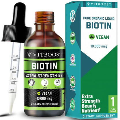 Vitboost Liquid Biotin Drops 10,000mcg with Organic Berry Flavor - Extra Strength Vegan Formula for Men and Women - Biotin Liquid for Hair Growth, Supports Strong Nails and Healthy Skin | 60 Servings