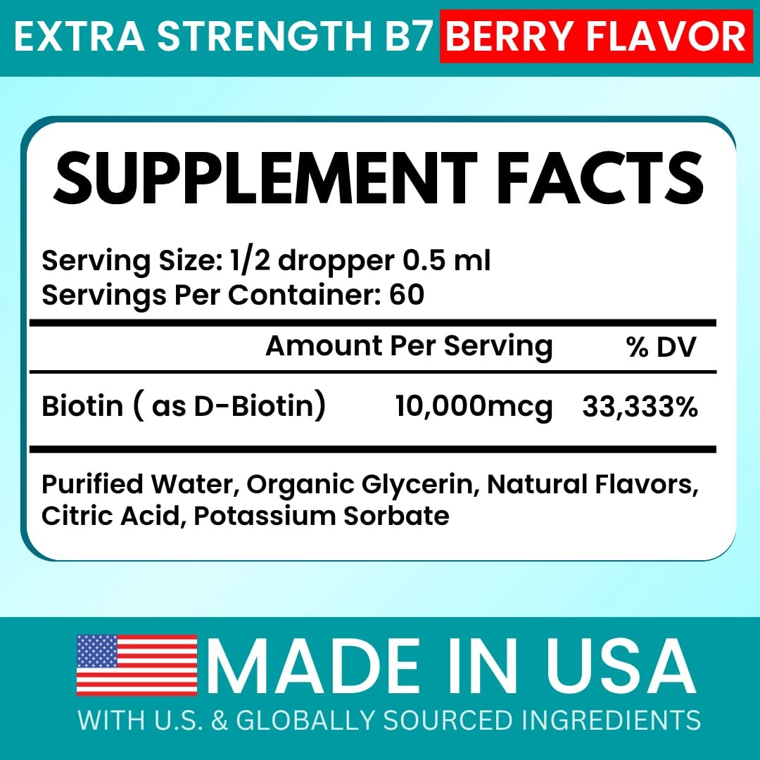 Vitboost Liquid Biotin Drops 10,000mcg with Organic Berry Flavor - Extra Strength Vegan Formula for Men and Women - Biotin Liquid for Hair Growth, Supports Strong Nails and Healthy Skin | 60 Servings - görsel 3