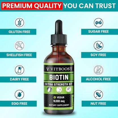 Vitboost Liquid Biotin Drops 10,000mcg with Organic Berry Flavor - Extra Strength Vegan Formula for Men and Women - Biotin Liquid for Hair Growth, Supports Strong Nails and Healthy Skin | 60 Servings