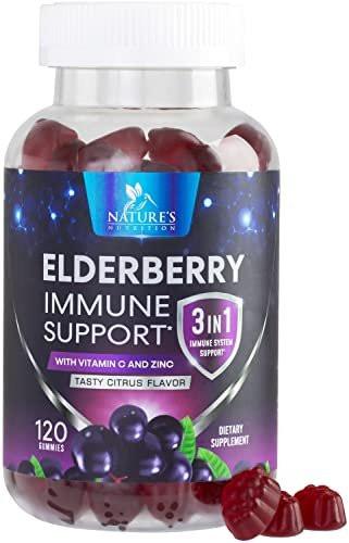 Elderberry Gummies - 3X Strength Black Elderberry Immune Support Gummy with Vitamin C, D3 and Zinc for Kids & Adults, Immune Health Support Supplement Gummy, Black Elder Berry Vitamins - 120 Gummies