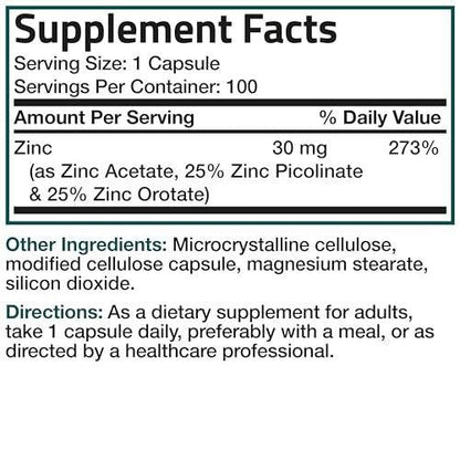 Bronson Zinc Triple Play 30 mg Triple Coverage Immune Support with Zinc Acetate, Picolinate & Orotate - Immune, Antioxidant & Skin Health Support - 100 Vegetarian Capsules