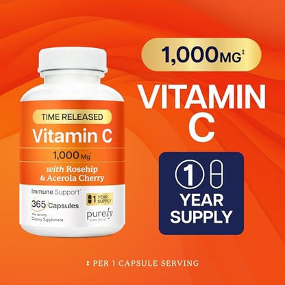 Vitamin C 1000mg | Immune Support | Timed-Release Capsules | 1 Year Supply | Vitamin C Supplement with Acerola Cherry & Rose Hips | Daily Antioxidant & Wellness Support | Vegan, Non-GMO | 365 Ct