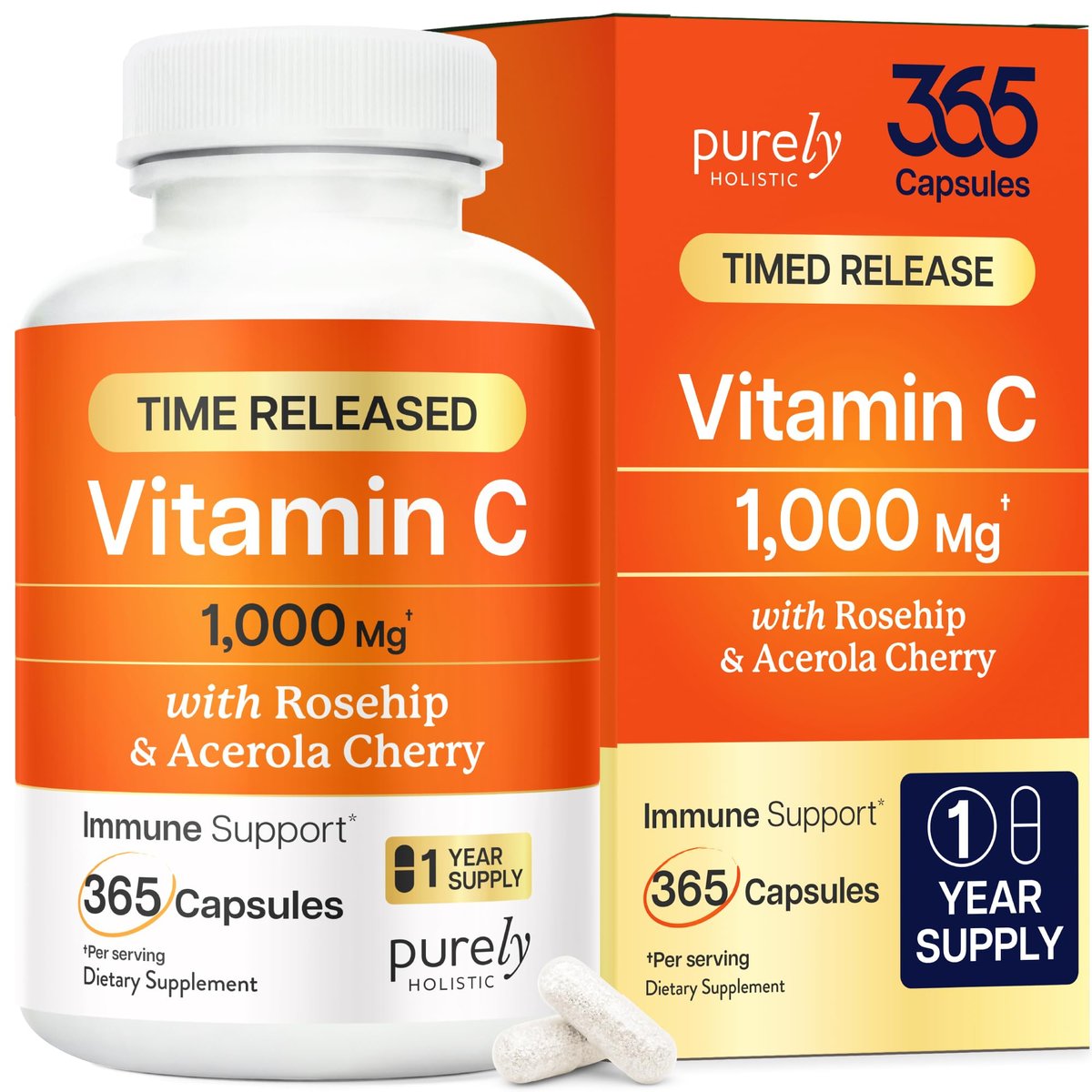 Vitamin C 1000mg | Immune Support | Timed-Release Capsules | 1 Year Supply | Vitamin C Supplement with Acerola Cherry & Rose Hips | Daily Antioxidant & Wellness Support | Vegan, Non-GMO | 365 Ct - görsel 1