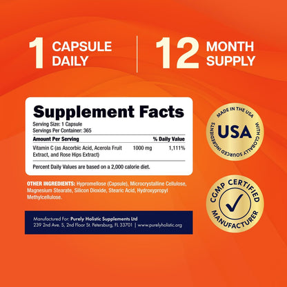 Vitamin C 1000mg | Immune Support | Timed-Release Capsules | 1 Year Supply | Vitamin C Supplement with Acerola Cherry & Rose Hips | Daily Antioxidant & Wellness Support | Vegan, Non-GMO | 365 Ct