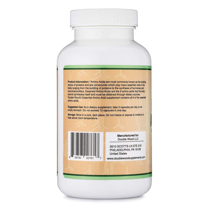 Essential Amino Acids - 1 Gram Per Serving Powder Blend of All 9 Essential Aminos (EAA) and All Branched-Chain Aminos (BCAAs) (Leucine, Isoleucine, Valine) 225 Capsules, Gluten Free by Double Wood