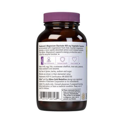 Bluebonnet Magnesium Glycinate, Energy Production*, Enzyme Function*, Non-GMO Certified by NSF, Vegan, Kosher Certified, Gluten-Free, Soy-Free, Dairy-Free, 60 Vegetable Capsules, 15 Servings