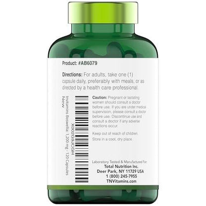 tnvitamins Boswellia Extract Capsules, 120 Count | 1,200 mg Per Capsule | 65% Boswellic Acids + 10:1 Concentrated Extract | Boswellia Serrata | Joint & Mobility Support