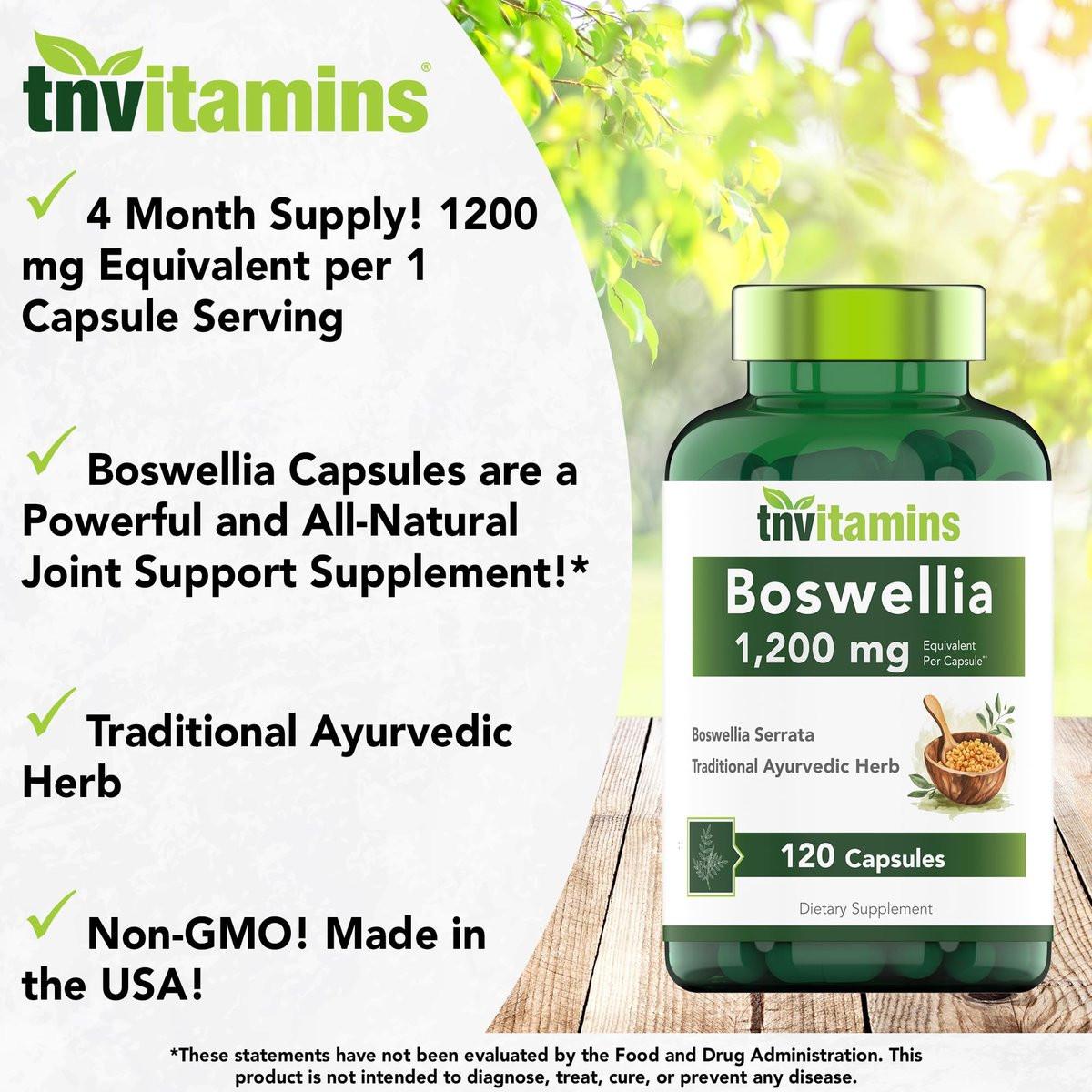 tnvitamins Boswellia Extract Capsules, 120 Count | 1,200 mg Per Capsule | 65% Boswellic Acids + 10:1 Concentrated Extract | Boswellia Serrata | Joint & Mobility Support - görsel 7