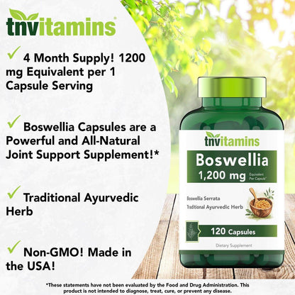 tnvitamins Boswellia Extract Capsules, 120 Count | 1,200 mg Per Capsule | 65% Boswellic Acids + 10:1 Concentrated Extract | Boswellia Serrata | Joint & Mobility Support