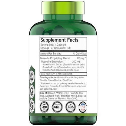 tnvitamins Boswellia Extract Capsules, 120 Count | 1,200 mg Per Capsule | 65% Boswellic Acids + 10:1 Concentrated Extract | Boswellia Serrata | Joint & Mobility Support