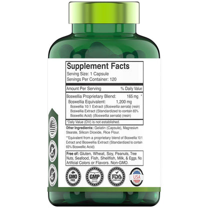 tnvitamins Boswellia Extract Capsules, 120 Count | 1,200 mg Per Capsule | 65% Boswellic Acids + 10:1 Concentrated Extract | Boswellia Serrata | Joint & Mobility Support