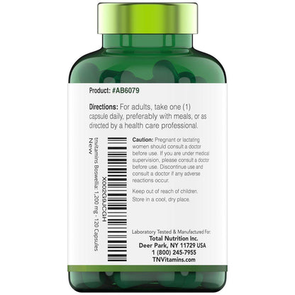 tnvitamins Boswellia Extract Capsules, 120 Count | 1,200 mg Per Capsule | 65% Boswellic Acids + 10:1 Concentrated Extract | Boswellia Serrata | Joint & Mobility Support