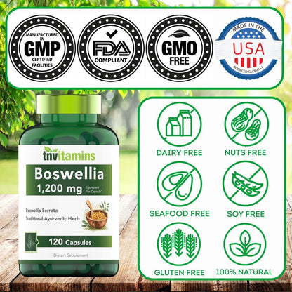 tnvitamins Boswellia Extract Capsules, 120 Count | 1,200 mg Per Capsule | 65% Boswellic Acids + 10:1 Concentrated Extract | Boswellia Serrata | Joint & Mobility Support