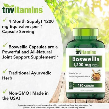 tnvitamins Boswellia Extract Capsules, 120 Count | 1,200 mg Per Capsule | 65% Boswellic Acids + 10:1 Concentrated Extract | Boswellia Serrata | Joint & Mobility Support