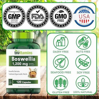 tnvitamins Boswellia Extract Capsules, 120 Count | 1,200 mg Per Capsule | 65% Boswellic Acids + 10:1 Concentrated Extract | Boswellia Serrata | Joint & Mobility Support