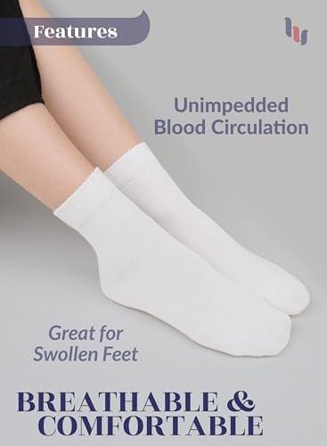 Hugh Ugoli Women's Rayon Ankle Loose Fit Diabetic Socks, Soft, Seamless Toe, Wide Stretchy, Non-Binding Top, 3 Pairs, White, Shoe Size: 10-12