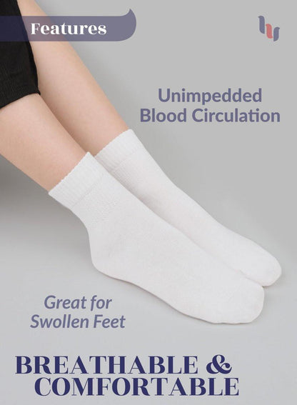 Hugh Ugoli Women's Rayon Ankle Loose Fit Diabetic Socks, Soft, Seamless Toe, Wide Stretchy, Non-Binding Top, 3 Pairs, White, Shoe Size: 6-9