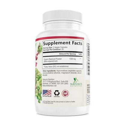 Organic Beet Root - 1300mg per Serving - Extra Strength Organic Beetroot Powder Supplement - Supports Nitric Oxide Production, Heart Health & Natural Energy - Bottled in USA - 120 Veggie Capsules