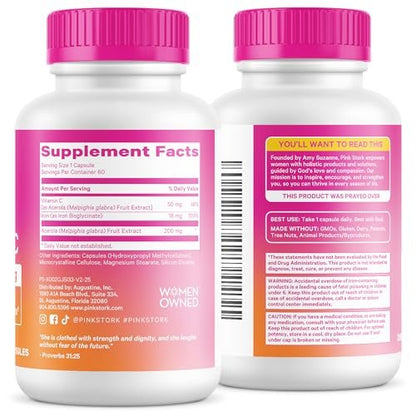 Pink Stork Iron for Women, 18 mg Non-Constipating Iron Bisglycinate + Vitamin C for Optimal Absorption, Energy, Focus & Oxygen Support, PMS, Pregnancy, Postpartum & Perimenopause, 60 Capsules