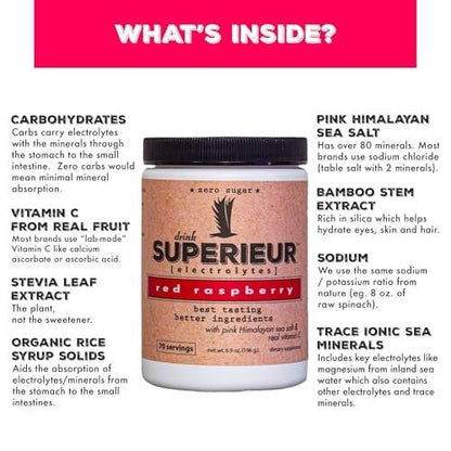 Superieur Electrolyte Powder Packets - Vegan Electrolyte Hydration Powder w/Sea Minerals - Keto Friendly, Non-GMO, Zero Sugar Electrolyte Supplement - Healthy Sports Drink - Raspberry (14 Packets)