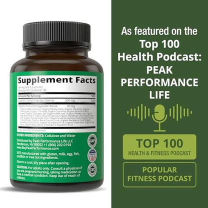Peak Performance Raw Whole Food Natural Vitamin C Capsules from Acerola Cherry for Max Absorption. Vegan USA Sourced Vitamin C Supplement 90 Pills. 500 mg Serving or 2 Servings 1000mg