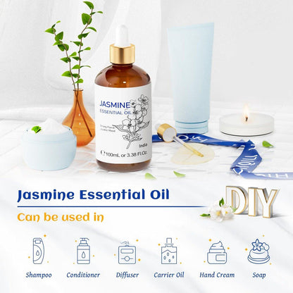 HIQILI Jasmine Essential Oil, Pure & Natural Jasmine Oil for Diffuser, Perfume, Shampoo, Aromatherapy - 3.8 Fl Oz / 100 ML
