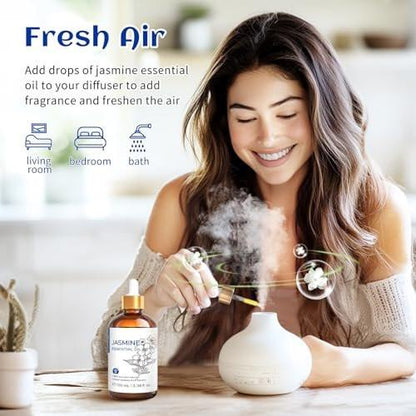 HIQILI Jasmine Essential Oil, Pure & Natural Jasmine Oil for Diffuser, Perfume, Shampoo, Aromatherapy - 3.8 Fl Oz / 100 ML