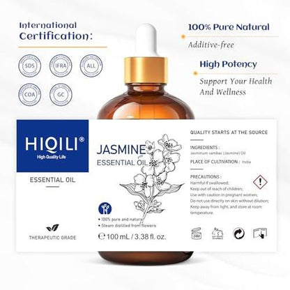 HIQILI Jasmine Essential Oil, Pure & Natural Jasmine Oil for Diffuser, Perfume, Shampoo, Aromatherapy - 3.8 Fl Oz / 100 ML