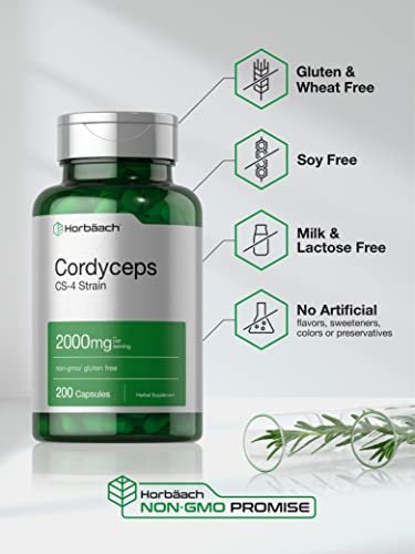 Horbäach Cordyceps Mushroom Capsules | 200 Count | CS-4 Strain | Non-GMO and Gluten Free Herbal Supplement