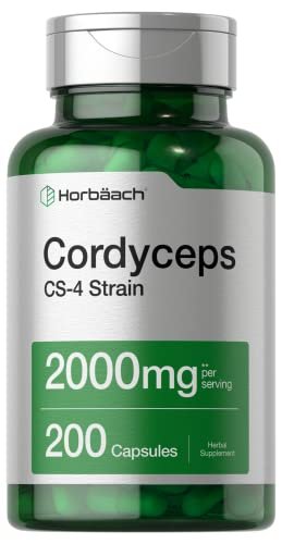 Horbäach Cordyceps Mushroom Capsules | 200 Count | CS-4 Strain | Non-GMO and Gluten Free Herbal Supplement