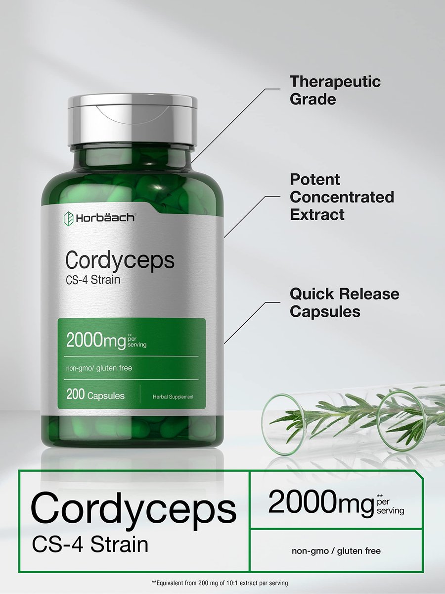 Horbäach Cordyceps Mushroom Capsules | 200 Count | CS-4 Strain | Non-GMO and Gluten Free Herbal Supplement - görsel 5