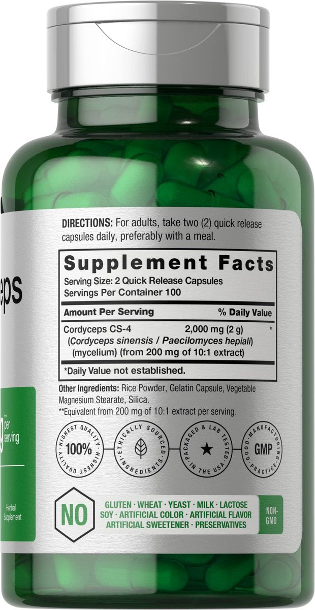 Horbäach Cordyceps Mushroom Capsules | 200 Count | CS-4 Strain | Non-GMO and Gluten Free Herbal Supplement - görsel 3