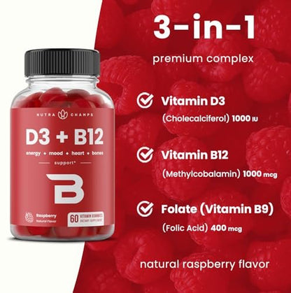 NutraChamps Vitamin D3 & B12, Methyl B12 Gummies for Adults & Kids, Enhanced with Vitamin D3 & B9 Folate, Natural Energy, Mood, Metabolism & Focus, Raspberry, 120 Gummies (Pack of 2)