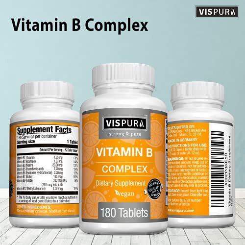 VISPURA Vitamin B-Complex, 180 Vegan Tablets, All B Vitamins Including B12, B1, B2, B3, B5, B6, B7, B9, Folic Acid, for Stress, Energy and Healthy Immune System*, Natural Supplement Without Additives - görsel 5