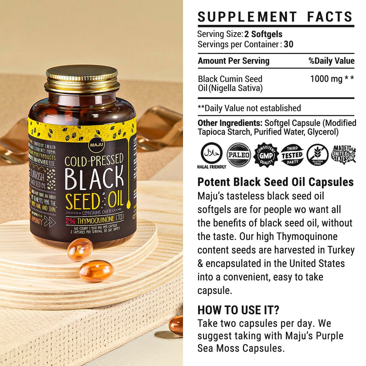 Maju Superfoods Black Seed Oil Capsules - Cold Pressed, 2% Thymoquinone, 100% Turkish Black Cumin Nigella Sativa Seed Oil, Liquid Pure Blackseed 60 Count, 500mg per Capsule - görsel 2