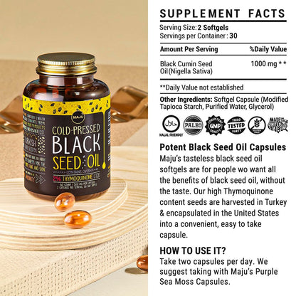 Maju Superfoods Black Seed Oil Capsules - Cold Pressed, 2% Thymoquinone, 100% Turkish Black Cumin Nigella Sativa Seed Oil, Liquid Pure Blackseed 60 Count, 500mg per Capsule